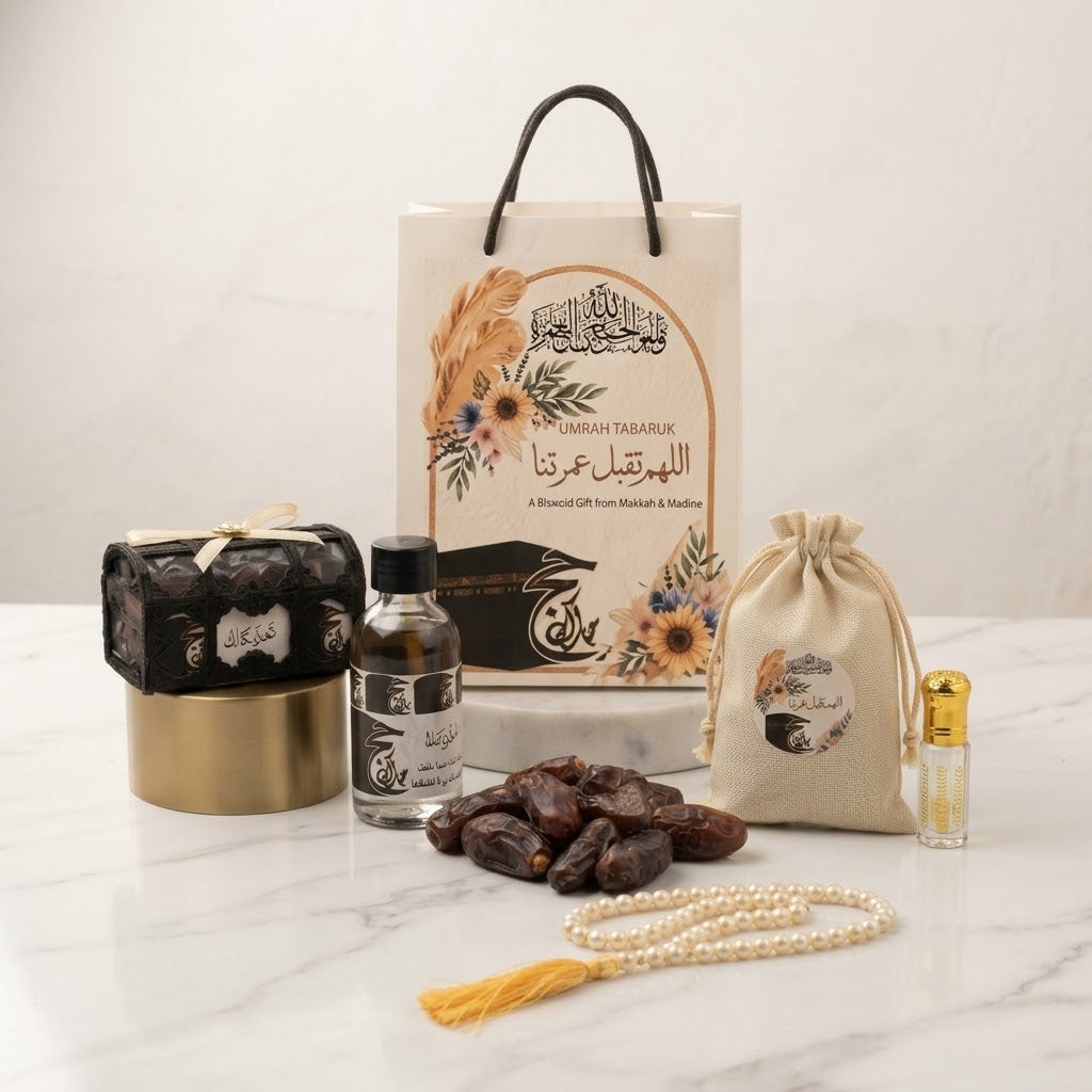 Premium Umrah Tabaruk Gift Set – Zamzam Bottle, Dates, Attar, Tasbeeh & Luxury Gift Bag