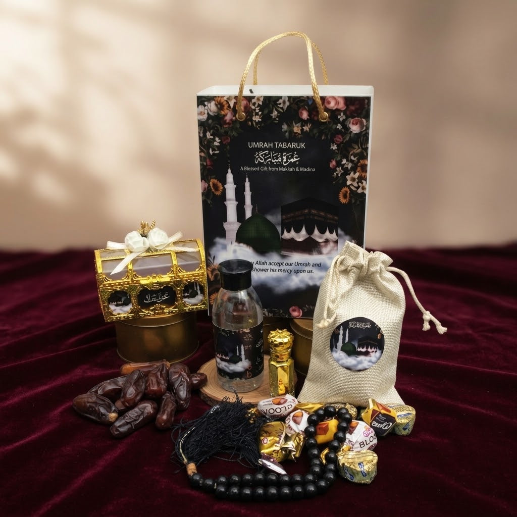 Umrah Mubarak Gift Hamper – Premium Islamic Umrah Gift Set with Dates, Tasbih, Zamzam Bottle & Chocolates